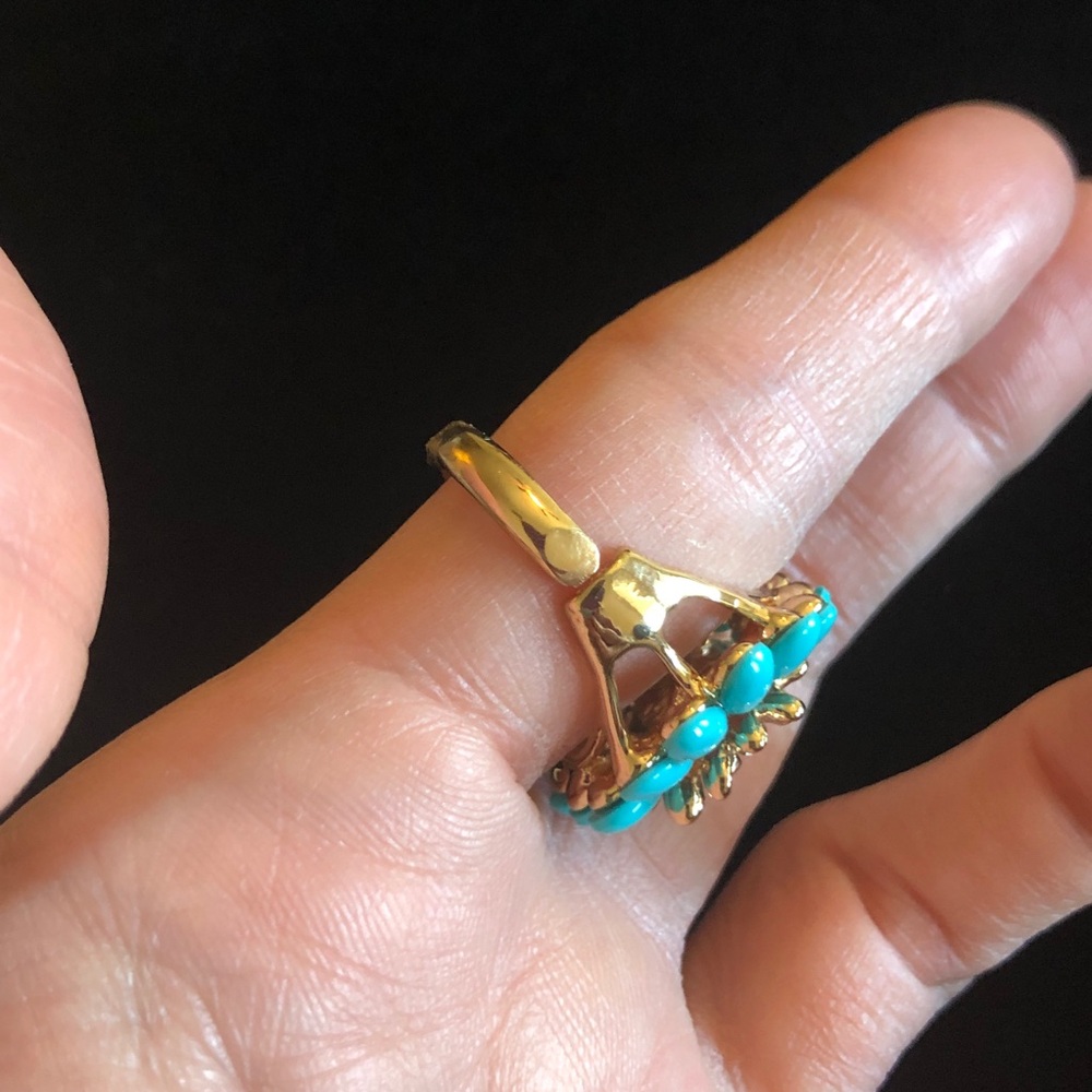 Floral Turquoise Like Blue Color and Gold Tone Women's Ring - Picture 6 of 11